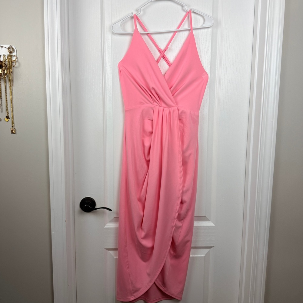 LYANER Pink Midi Dress Medium Sleeveless V-Neck‎ Wrap Tulip Hem Criss Cross Back